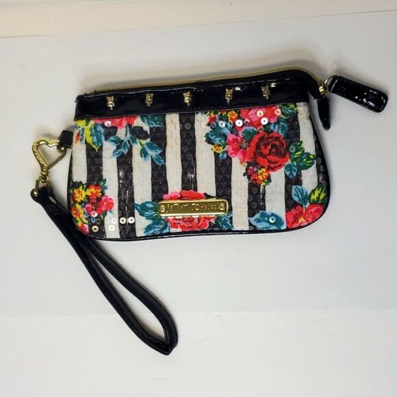 Betsey Johnson Handbags - Betsey Johnson Sequined Flowers and Stripes Wristlet Gold Toned Accents